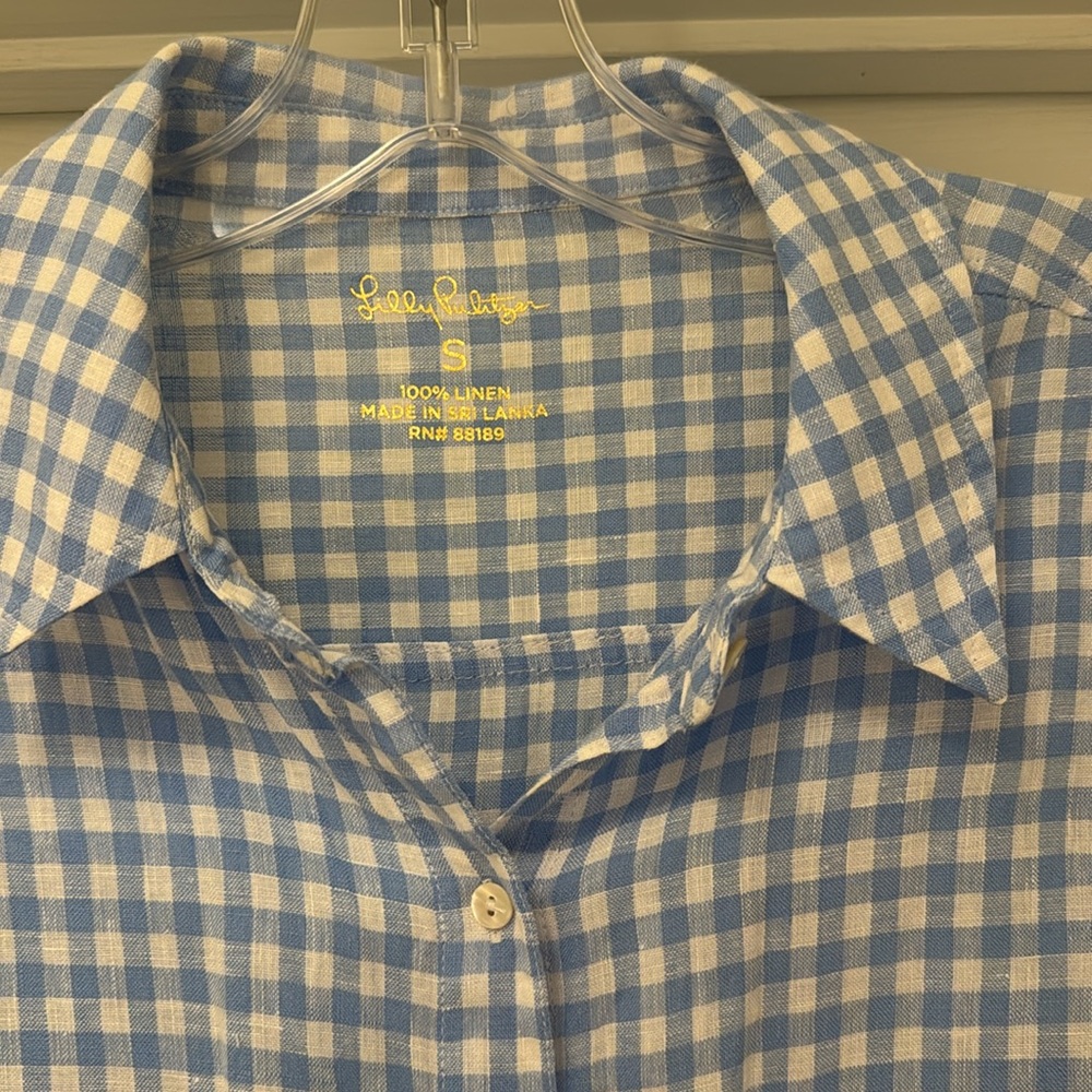 Lilly Pulitzer Blue Gingham Linen Button Down Shirt Small - Picture 2 of 6